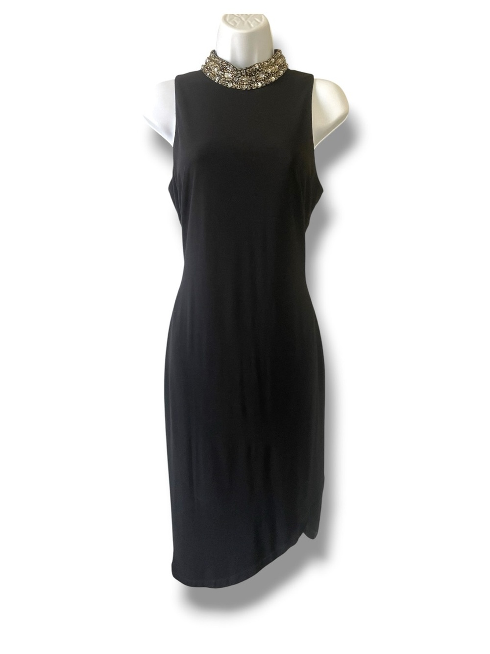 Beaded Mock Neck Sheath Midi Dress Black Cocktail Party Formal Size M NWT SLNY
